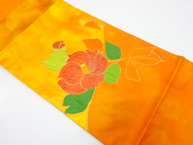 椿模様織り出し　開き名古屋帯（額縁仕立て）